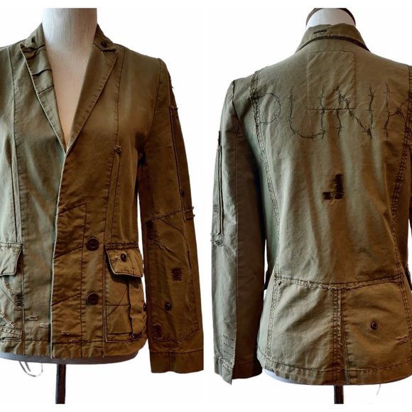 Zadig & Voltaire Womens Virginia Grunge Punk Distressed Olive Military Jacket S - Picture 1 of 12